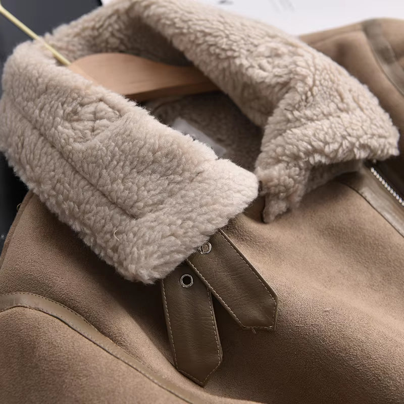 2022 Winter Women Thick Warm Suede Lamb Jacket Short Motorcycle Brown Coats Faux Shearling Sheepskin Leather Jackets Outwear